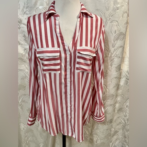 New York & Company Maroon & White Striped Button Up Blouse - Picture 1 of 5